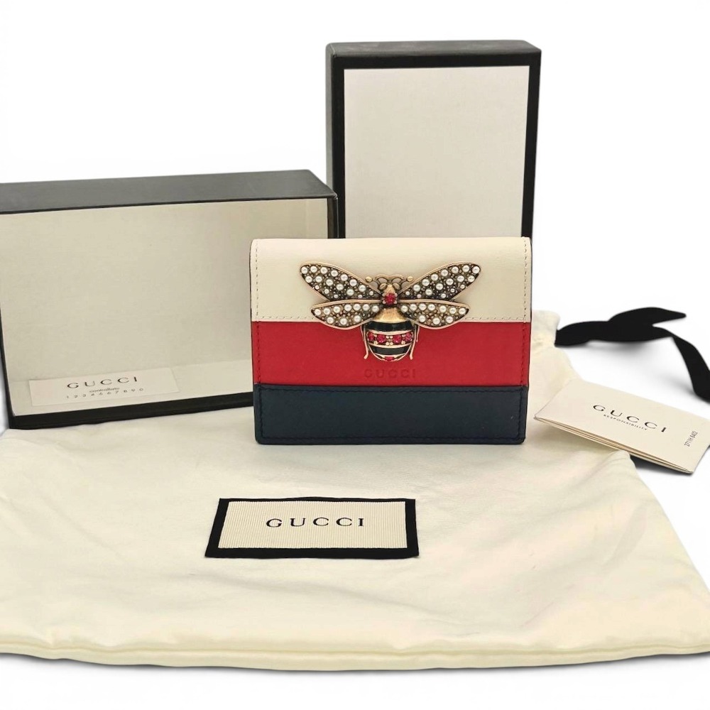 Gucci Queen Margaret Bee Card Case Wallet Leather Pearl Crystal Box Dust Bag